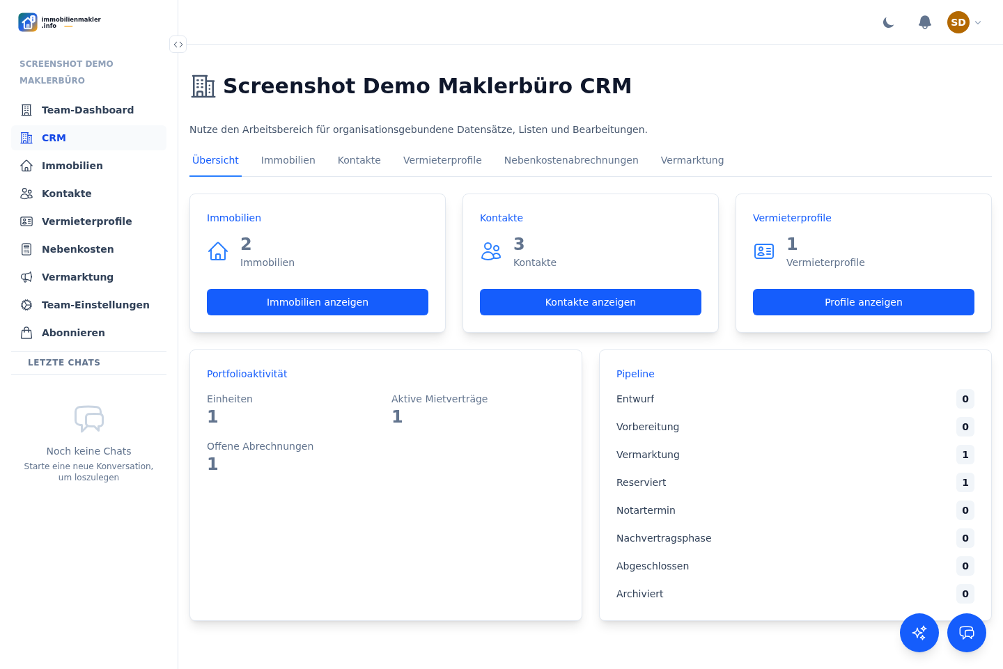 Screenshot des Immobilien-CRM mit Objektakten und Kontakten