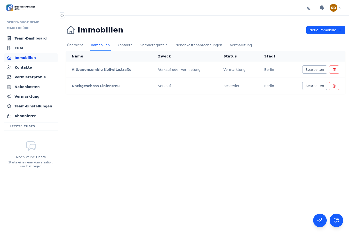 Objektübersicht der kostenlosen Immobilienmakler-Software