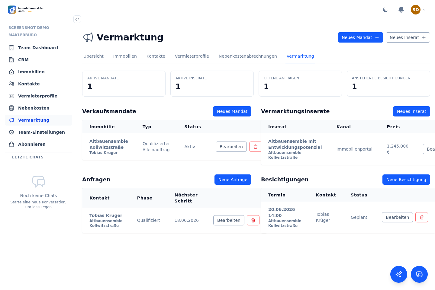 Vermarktungsbereich mit Listings, Anfragen und Besichtigungen